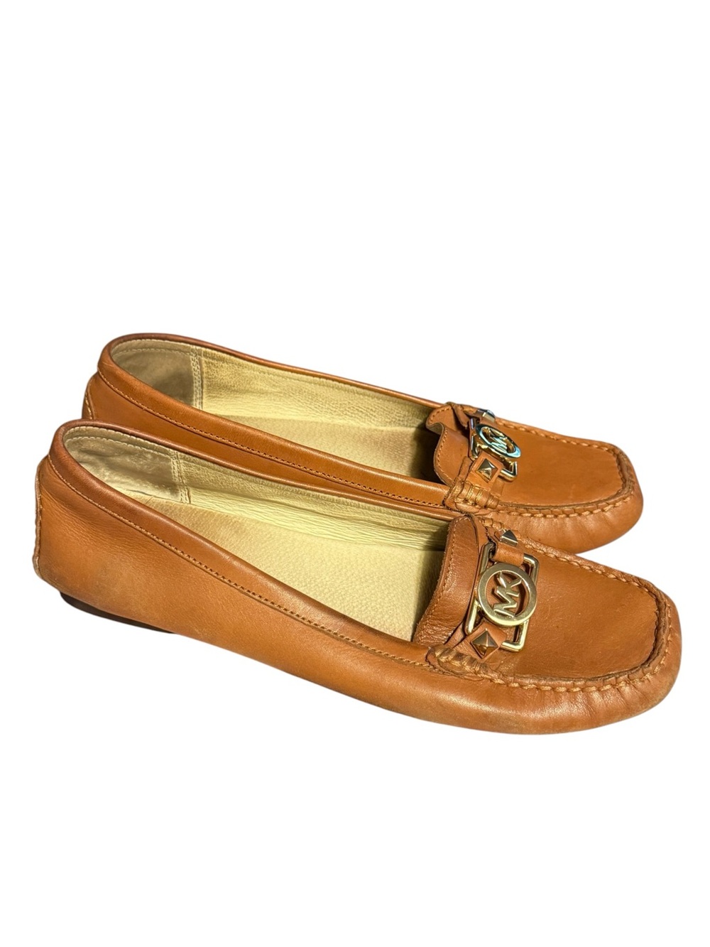 Michael Kors Womens Tan Brown Leather MK Logo Driving Loafers